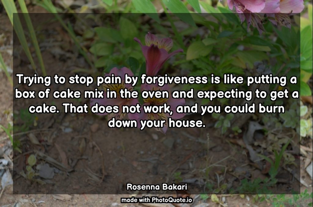 Trying to stop pain by forgiveness is like putting a box of cake mix in the oven and expecting to get a cake. That does not work, and you could burn down your house. - Rosenna Bakari